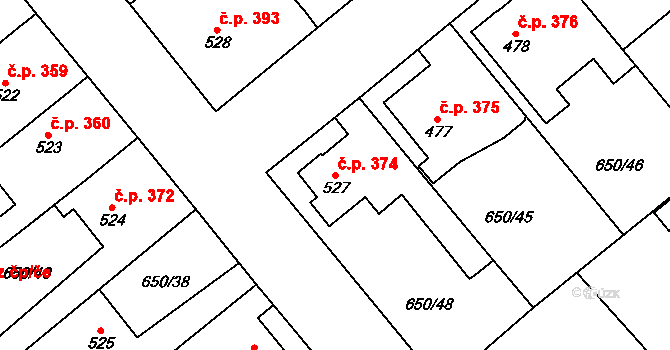 Borohrádek 374 na parcele st. 527 v KÚ Borohrádek, Katastrální mapa
