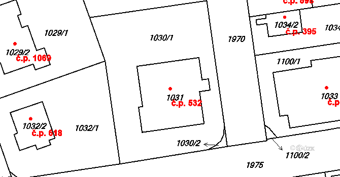Lhotka 532, Praha na parcele st. 1031 v KÚ Lhotka, Katastrální mapa