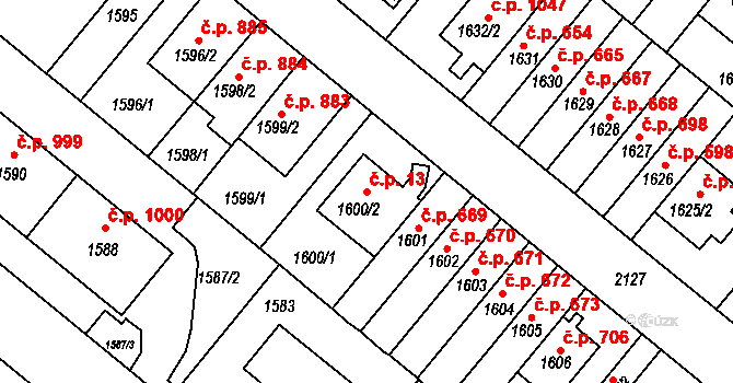 Košíře 13, Praha na parcele st. 1600/2 v KÚ Košíře, Katastrální mapa