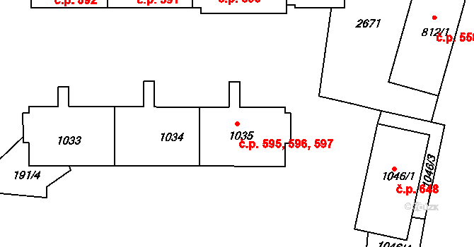 Rožmitál pod Třemšínem 595,596,597 na parcele st. 1035 v KÚ Rožmitál pod Třemšínem, Katastrální mapa