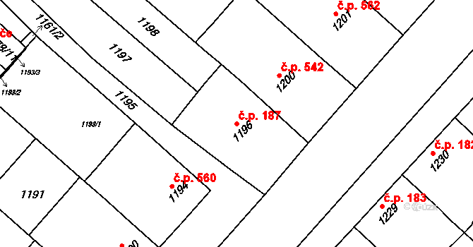 Těšice 187, Mikulčice na parcele st. 1196 v KÚ Mikulčice, Katastrální mapa