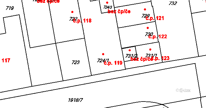 České Budějovice 4 119, České Budějovice na parcele st. 724/1 v KÚ České Budějovice 4, Katastrální mapa