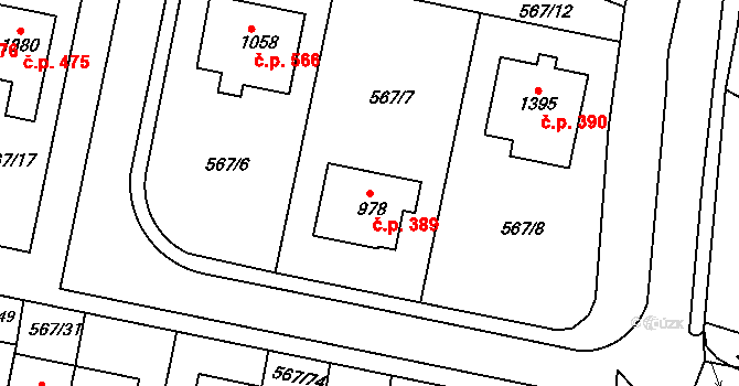 Třebeš 389, Hradec Králové na parcele st. 978 v KÚ Třebeš, Katastrální mapa