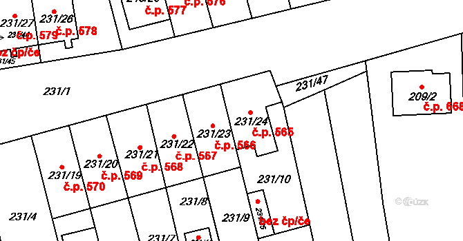 Blučina 565 na parcele st. 231/24 v KÚ Blučina, Katastrální mapa