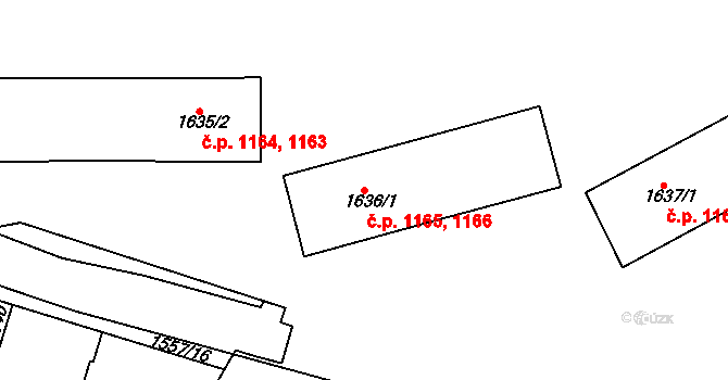 Rosice 1165,1166 na parcele st. 1636/1 v KÚ Rosice u Brna, Katastrální mapa