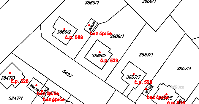 Božkov 539, Plzeň na parcele st. 3868/2 v KÚ Plzeň, Katastrální mapa