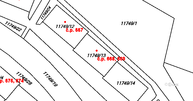 Severní Předměstí 668,669, Plzeň na parcele st. 11749/14 v KÚ Plzeň, Katastrální mapa