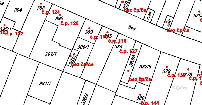 Rajhradice 118 na parcele st. 385 v KÚ Rajhradice, Katastrální mapa