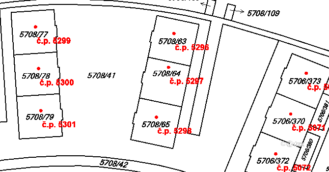 Jihlava 5297 na parcele st. 5708/64 v KÚ Jihlava, Katastrální mapa