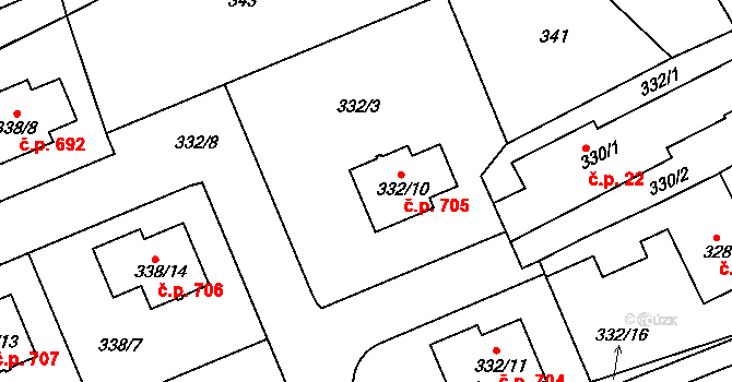 Lipence 705, Praha na parcele st. 332/10 v KÚ Lipence, Katastrální mapa