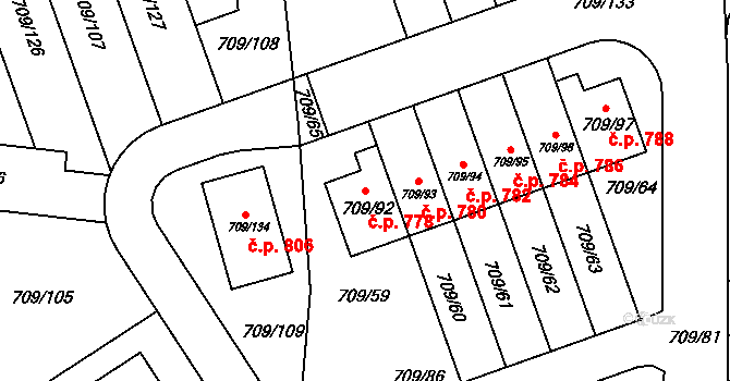 Poříčí 778, Boršov nad Vltavou na parcele st. 709/92 v KÚ Boršov nad Vltavou, Katastrální mapa