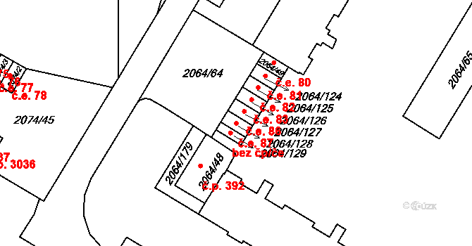 Brňany 87, Vyškov na parcele st. 2064/128 v KÚ Vyškov, Katastrální mapa