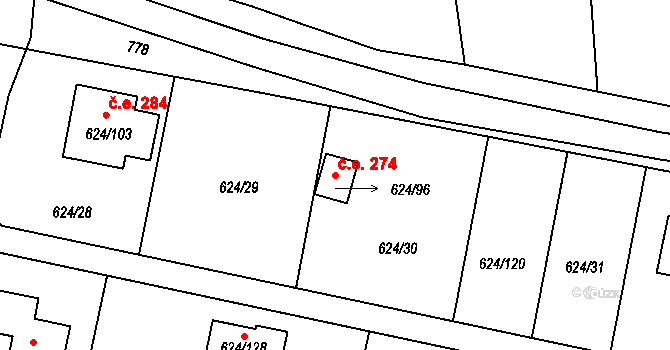 Žižlavice 274, Blansko na parcele st. 624/96 v KÚ Těchov, Katastrální mapa