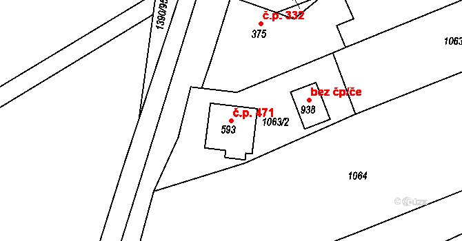 Křižanov 471 na parcele st. 593 v KÚ Křižanov, Katastrální mapa