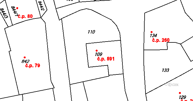Buchlovice 591 na parcele st. 109 v KÚ Buchlovice, Katastrální mapa