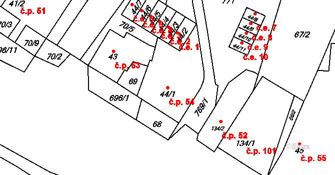 Mariánské Radčice 54 na parcele st. 44/1 v KÚ Mariánské Radčice, Katastrální mapa