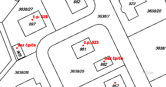 Strmilov 523 na parcele st. 861 v KÚ Strmilov, Katastrální mapa