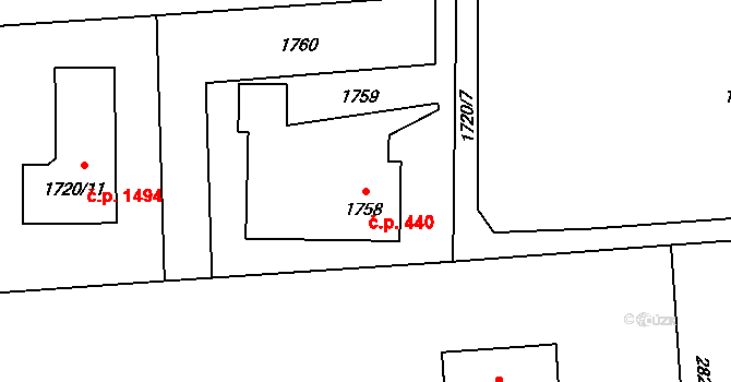 Horní Suchá 440 na parcele st. 1758/1 v KÚ Horní Suchá, Katastrální mapa