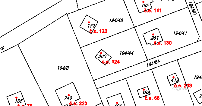 Řitka 124 na parcele st. 260 v KÚ Řitka, Katastrální mapa
