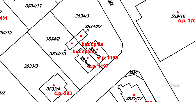 Chotěboř 1196 na parcele st. 3834/7 v KÚ Chotěboř, Katastrální mapa
