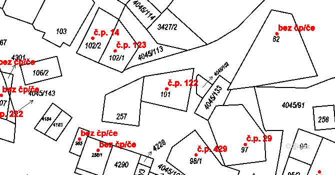 Boleradice 122 na parcele st. 101 v KÚ Boleradice, Katastrální mapa
