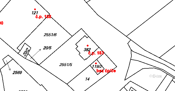 Horní Věstonice 183 na parcele st. 382 v KÚ Horní Věstonice, Katastrální mapa