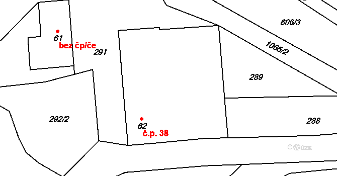 Tulešice 38 na parcele st. 62 v KÚ Tulešice, Katastrální mapa