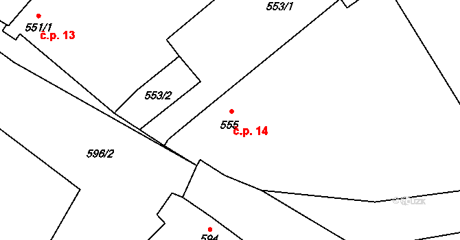 Malešice 14, Dříteň na parcele st. 555 v KÚ Chvalešovice, Katastrální mapa