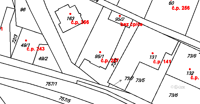 Dobronín 287 na parcele st. 95/1 v KÚ Střelecká, Katastrální mapa