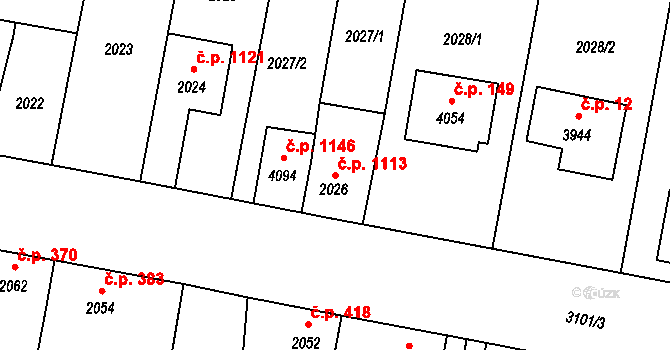 Čelákovice 1113 na parcele st. 2026 v KÚ Čelákovice, Katastrální mapa