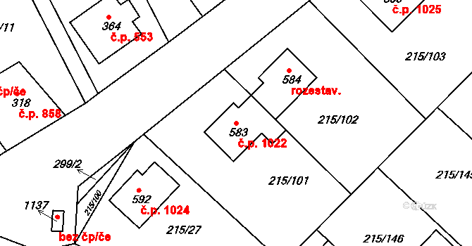 Rudná 1022 na parcele st. 583 v KÚ Hořelice, Katastrální mapa