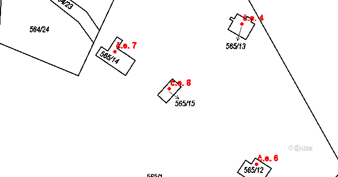 Olšany 8 na parcele st. 565/15 v KÚ Olšany u Telče, Katastrální mapa