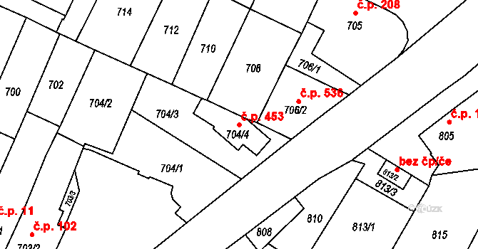 Dačice V 453, Dačice na parcele st. 704/4 v KÚ Dačice, Katastrální mapa