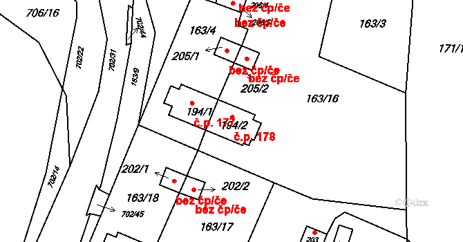 Halže 178 na parcele st. 194/2 v KÚ Halže, Katastrální mapa