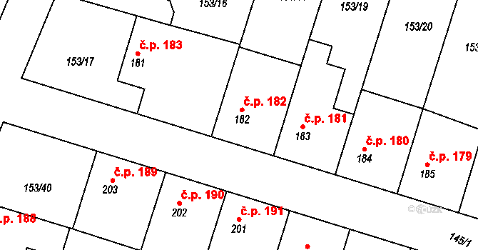 Skřivany 182 na parcele st. 182 v KÚ Skřivany, Katastrální mapa