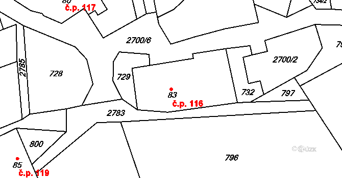 Dlouhá Loučka 116 na parcele st. 83 v KÚ Dlouhá Loučka, Katastrální mapa