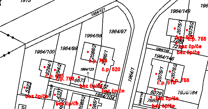 Borovina 520, Třebíč na parcele st. 2086/1 v KÚ Třebíč, Katastrální mapa