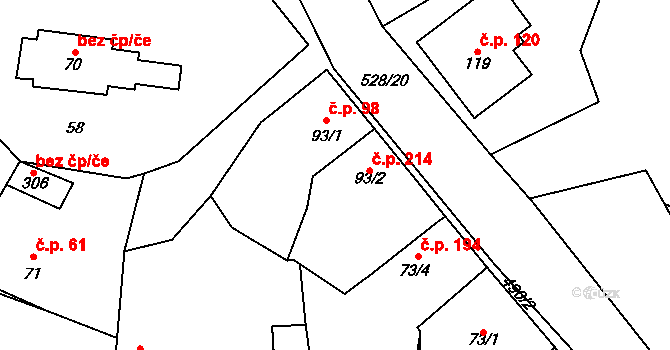 Ratenice 214 na parcele st. 93/2 v KÚ Ratenice, Katastrální mapa