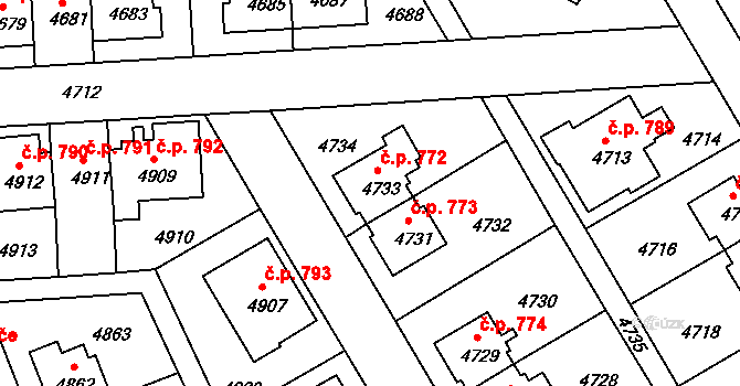 Záběhlice 772, Praha na parcele st. 4733 v KÚ Záběhlice, Katastrální mapa