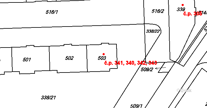 Povel 340,341,342,343, Olomouc na parcele st. 502 v KÚ Povel, Katastrální mapa