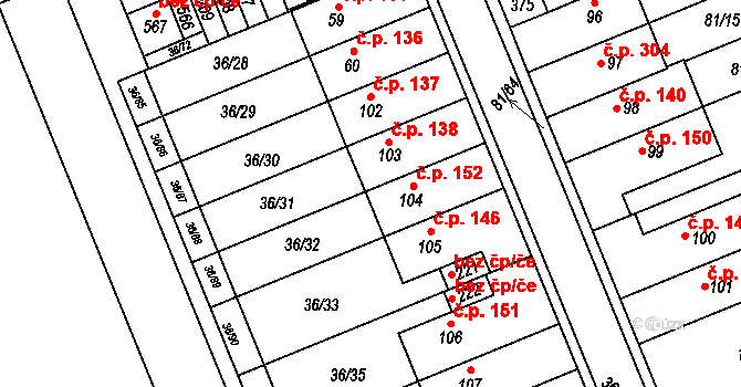 Nupaky 152 na parcele st. 104 v KÚ Nupaky, Katastrální mapa