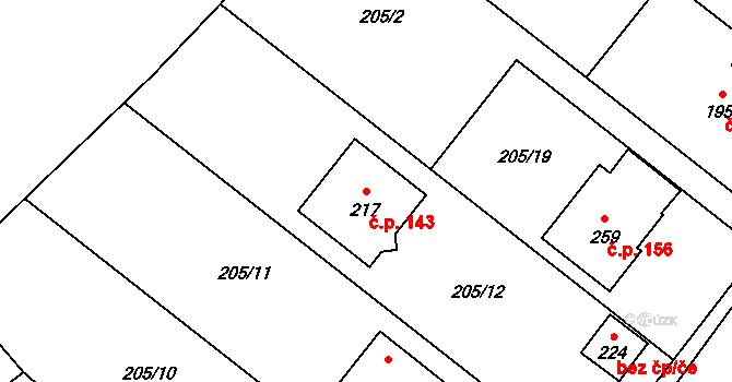 Dolín 143, Slaný na parcele st. 217 v KÚ Dolín, Katastrální mapa