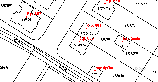 Hrušovany u Brna 666 na parcele st. 1726/124 v KÚ Hrušovany u Brna, Katastrální mapa