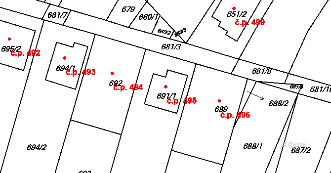 Bylnice 495, Brumov-Bylnice na parcele st. 691/1 v KÚ Bylnice, Katastrální mapa