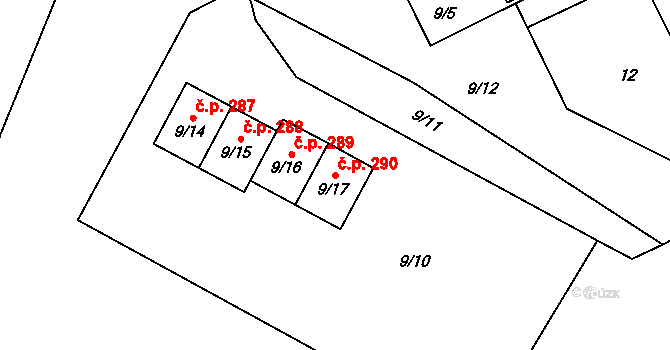 Chuchelná 290 na parcele st. 9/17 v KÚ Chuchelná, Katastrální mapa