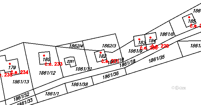 Dražice 231 na parcele st. 182 v KÚ Dražice u Tábora, Katastrální mapa