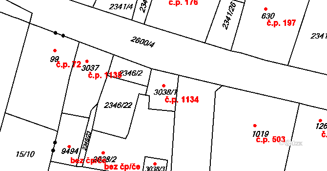 Zelené Předměstí 1134, Pardubice na parcele st. 3038/1 v KÚ Pardubice, Katastrální mapa