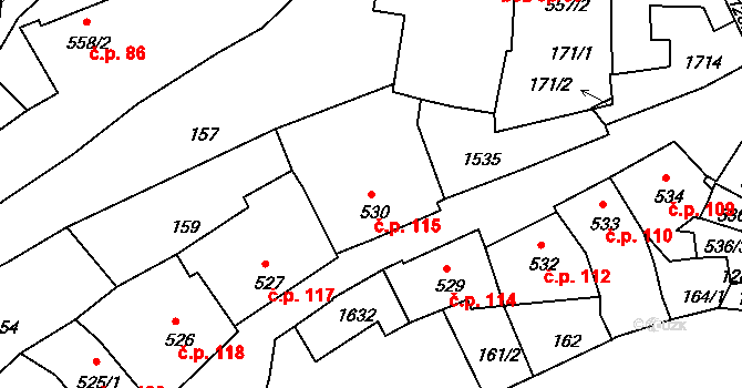 Plešivec 115, Český Krumlov na parcele st. 530 v KÚ Český Krumlov, Katastrální mapa