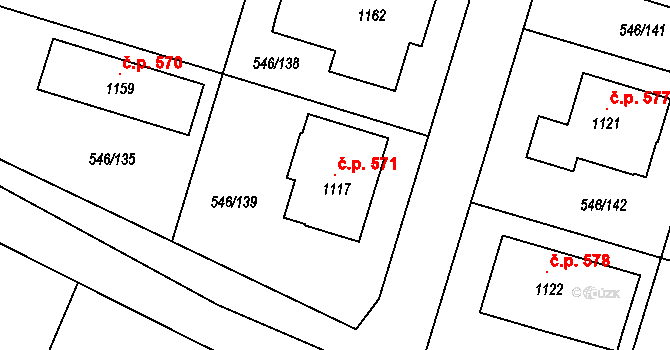 Chýnov 571 na parcele st. 1117 v KÚ Chýnov u Tábora, Katastrální mapa