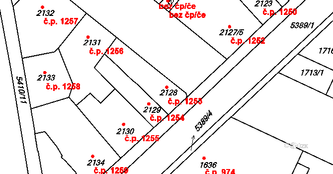 Znojmo 1253 na parcele st. 2128 v KÚ Znojmo-město, Katastrální mapa